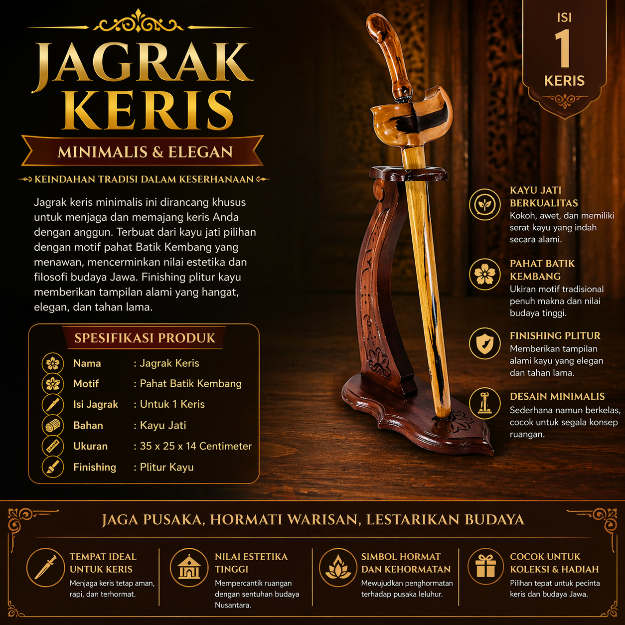 Toko Jual Jagrak Keris Minimalis Bahan Kayu Jati Isi 1
