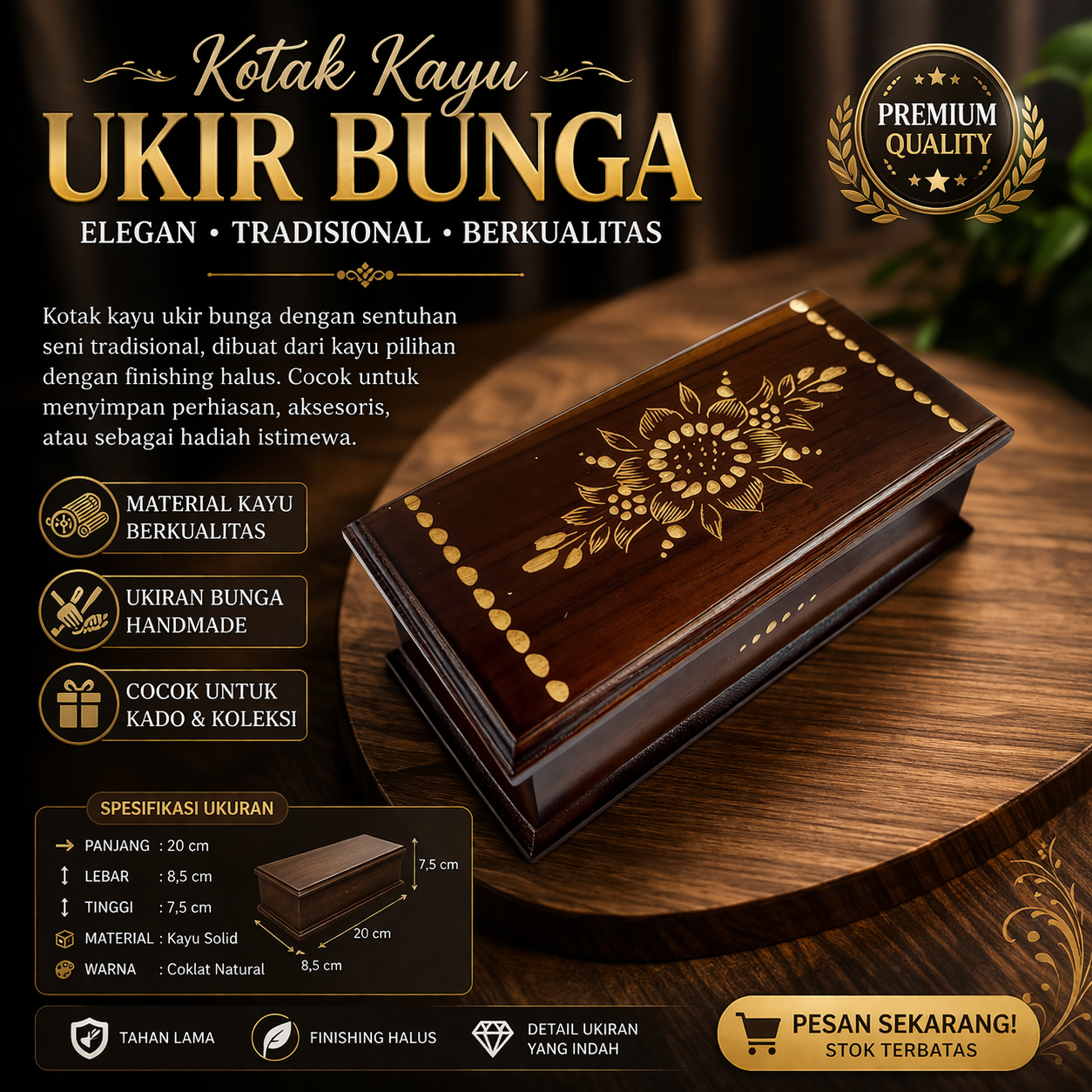 Toko Jual Kotak Penyimpanan Motif Cukit Kayu Jati Ukuran 18 cm