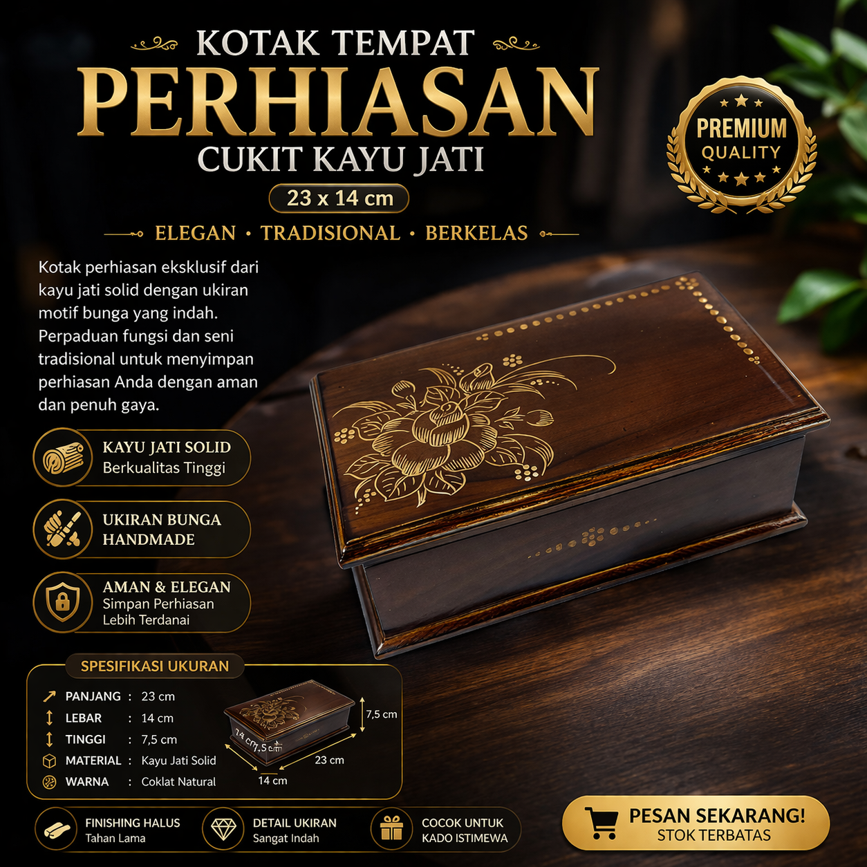 Toko Jual Kotak Tempat Perhiasan Cukit Kayu Jati 23x14cm